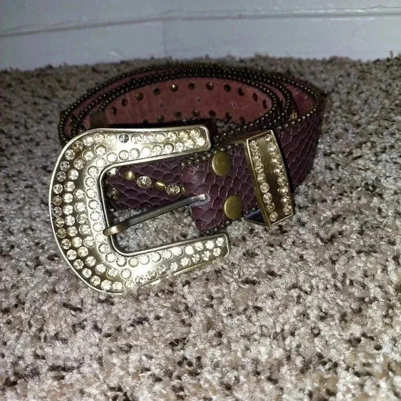 Brown Genuine leather rhinestone, studded and crosses Rodeo bling belt. SIZE M - Picture 2 of 13